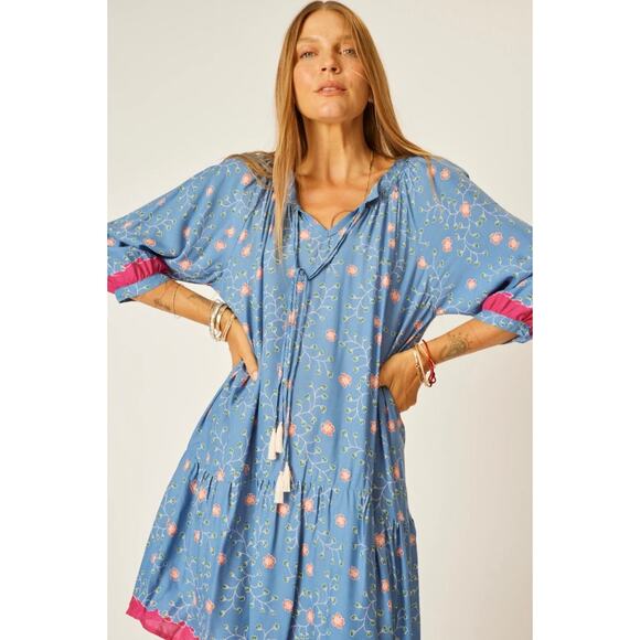 New Natalie Martin Stevie Dress Short Mini Boho Pinwheel Denim Blue Flowers XS - Picture 2 of 15